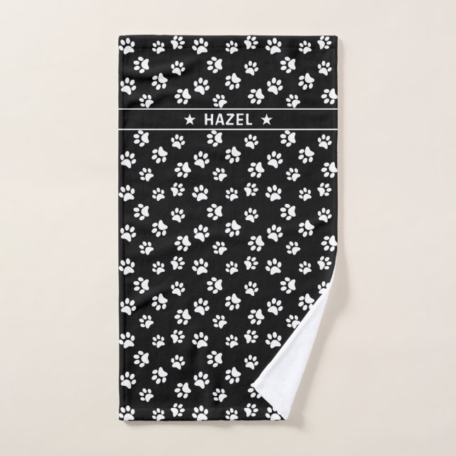   Black And White Paw Print Personalised Dog Towel (Hand Towel)