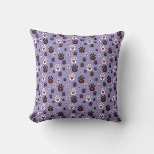 Black and White pawprints with hearts Cushion