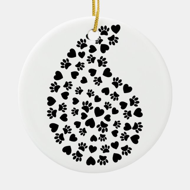 Black And White Paws And Hearts Paisley Pattern Ceramic Tree Decoration (Front)