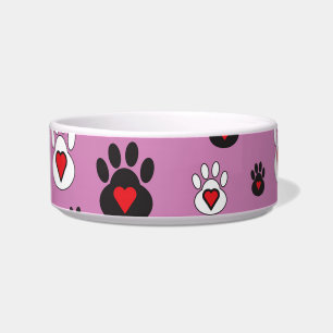 Black and White paws with hearts on pink Bowl