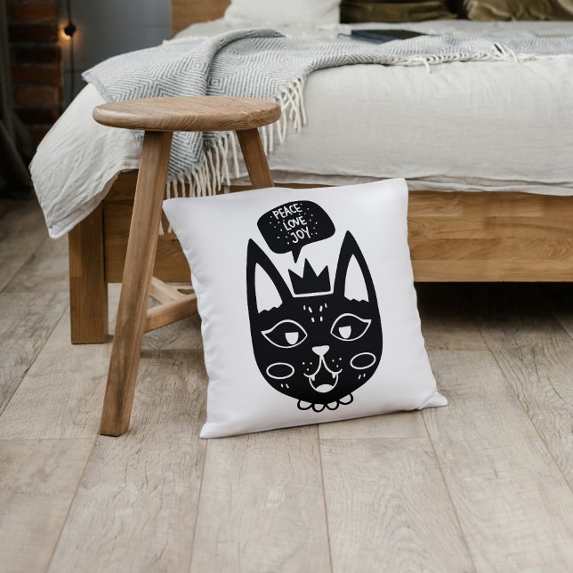 Black and White Peace Love Joy Cat-Themed Cushion (Black and White Peace Love Joy Cat-Themed Throw Pillow)