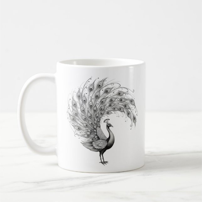 Black and White Peacock Coffee Mug (Left)