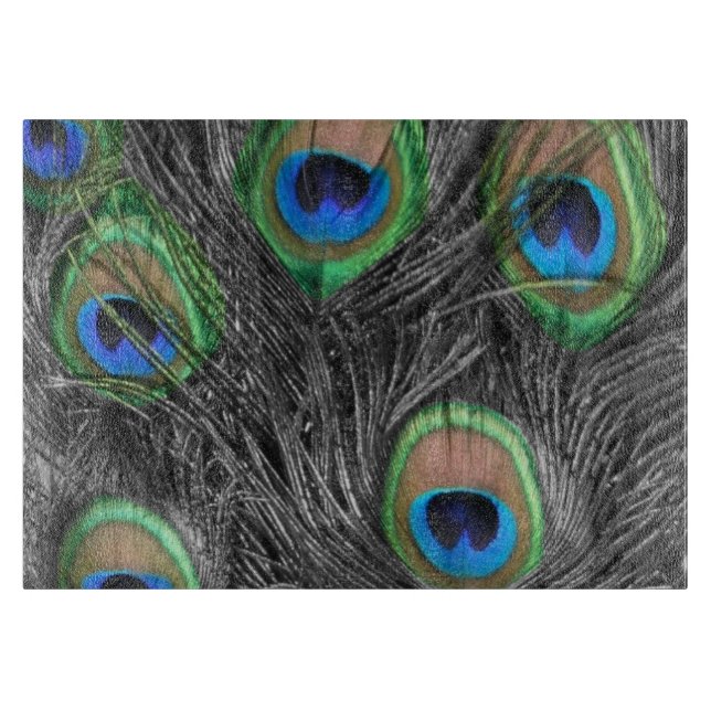 Black and White Peacock Feather Cutting Board (Front)