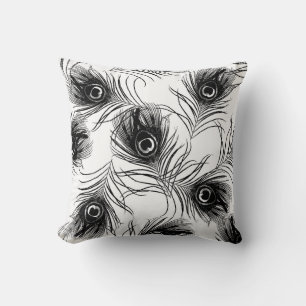 Black and White Peacock Feather Throw Pillow