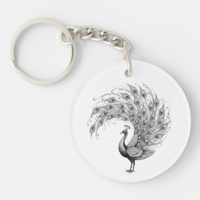 Black and White Peacock Key Ring (Front)