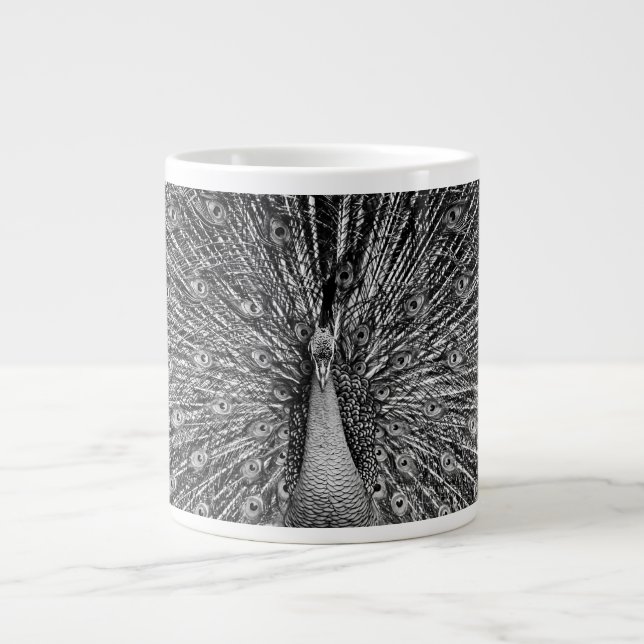 Black and White Peacock Large Coffee Mug (Front)