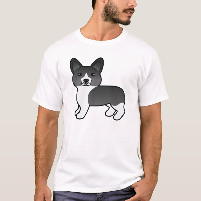Black And White Pembroke Welsh Corgi Cartoon Dog T-Shirt (Front)