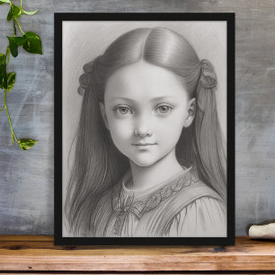 Black and White Pencil Drawing Girl Portrait  Poster