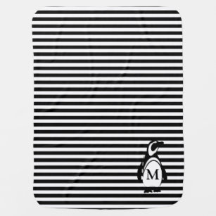 Black and White Penguin and Stripes Monogram Baby Blanket