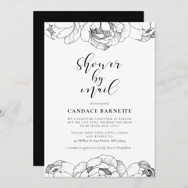 Black and white peonies Baby shower by mail Invitation (Front/Back)