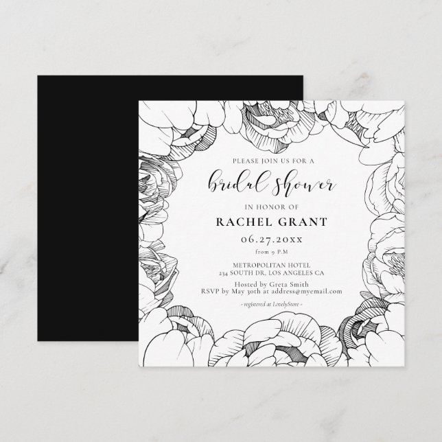 Black and white peonies Bridal shower invitation (Front/Back)