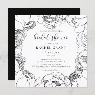 Black and white peonies Bridal shower invitation
