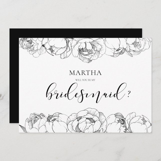 Black and white peonies Bridesmaid proposal card (Front/Back)
