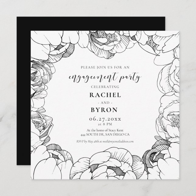 Black and white peonies elegant engagement party invitation (Front/Back)