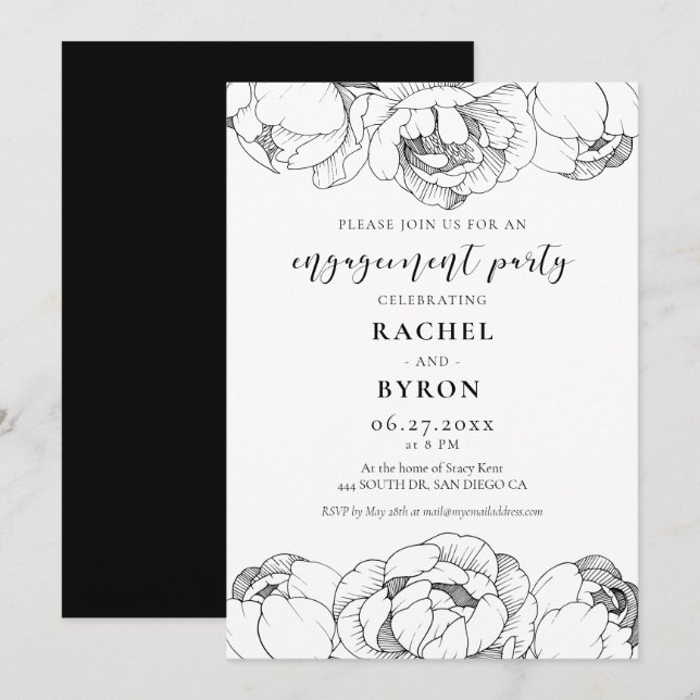 Black and white peonies elegant engagement party invitation (Front/Back)