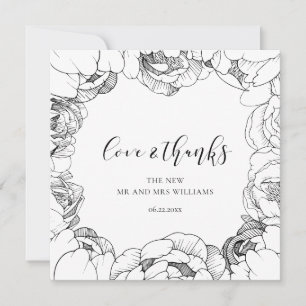 Black and white peonies elegant Love & Thanks card