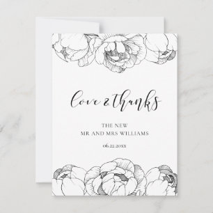 Black and white peonies elegant Love & Thanks card