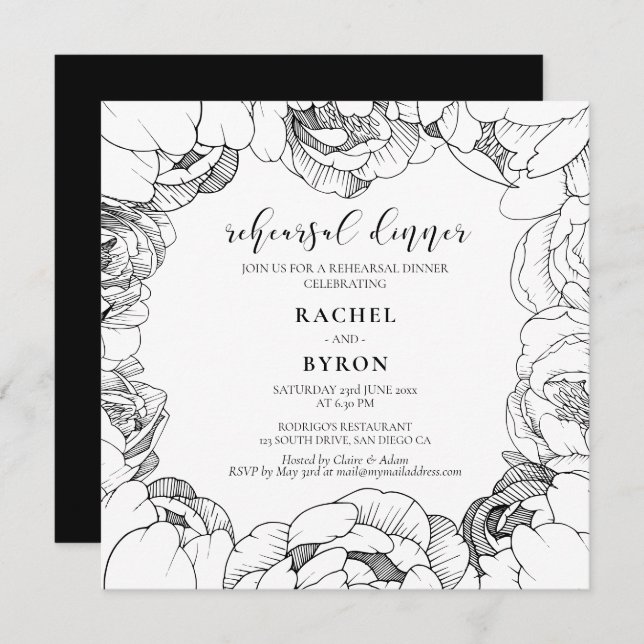 Black and white peonies elegant rehearsal dinner invitation (Front/Back)