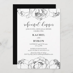 Black and white peonies elegant rehearsal dinner invitation