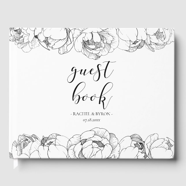Black and white peonies elegant wedding guest book (Front)