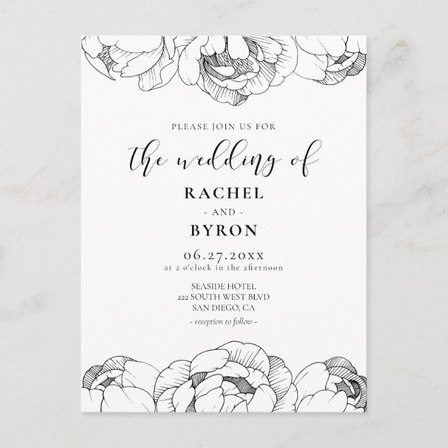 Black and white peonies elegant wedding invitation postcard (Front)