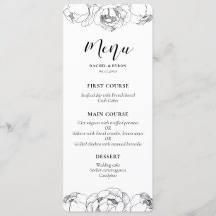 Black and white peonies elegant wedding menu