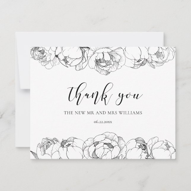 Black and white peonies elegant wedding thank you card (Front)