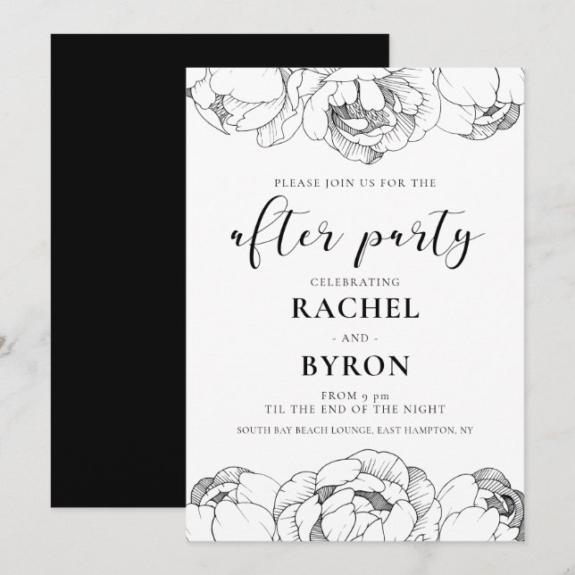 Black and white peonies wedding after party invitation (Front/Back)