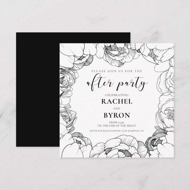Black and white peonies wedding after party invitation (Front/Back)