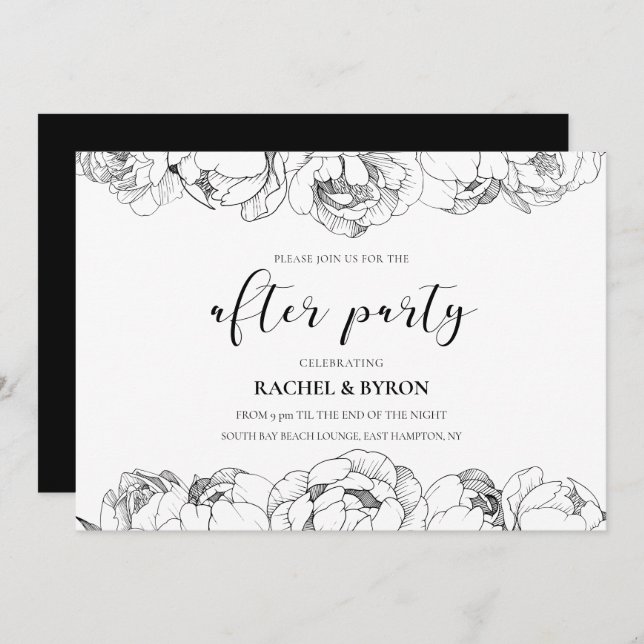 Black and white peonies wedding after party invitation (Front/Back)