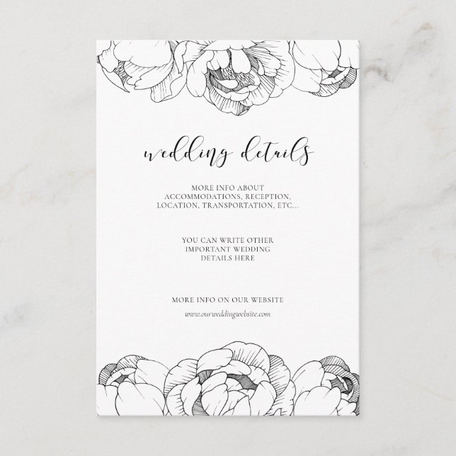 Black and white peonies wedding details card (Front)