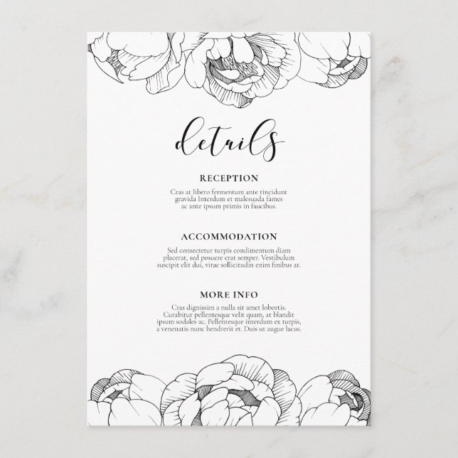 Black and white peonies wedding guest information enclosure card (Front)