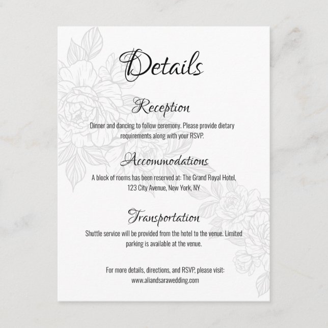  Black and White Peony Wedding Enclosure Card (Front)