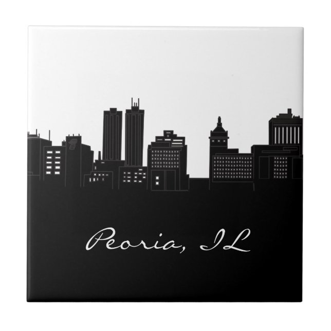 Black and White Peoria, Illinois Skyline Tile (Front)