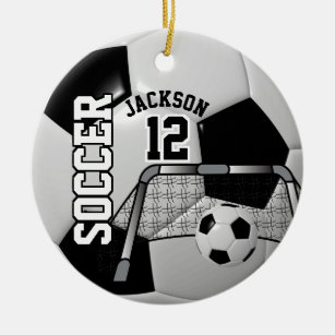 Black and White Personalise Soccer Ball Ceramic Tree Decoration