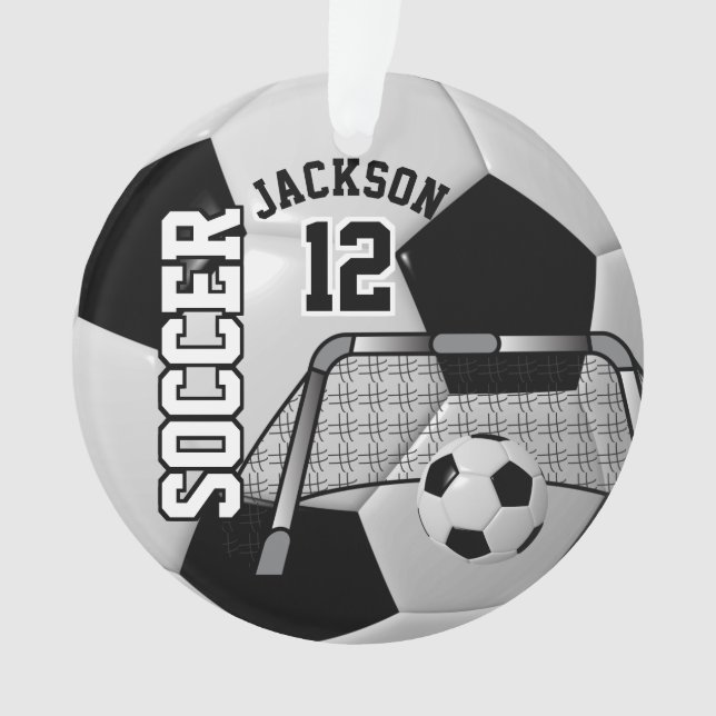 Black and White Personalise Soccer Ball Ornament (Front)
