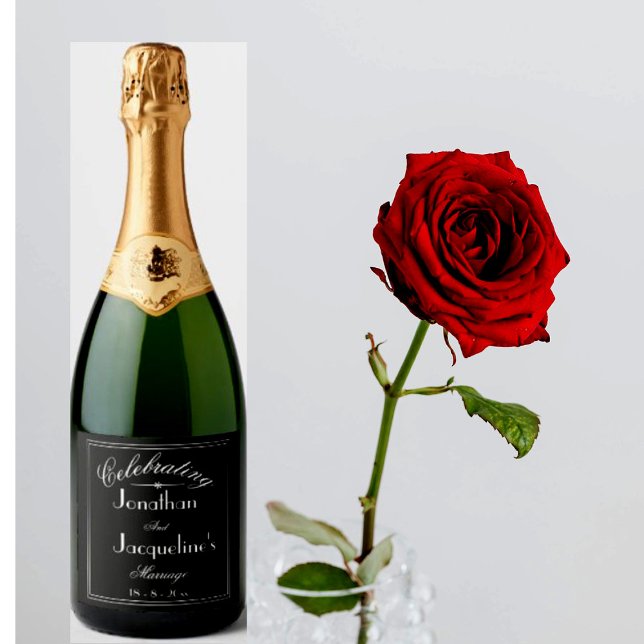 Black And White Personalised Chic Wedding          Sparkling Wine Label (Simple, elegant black and white script,  sparkling wine wedding labels.)