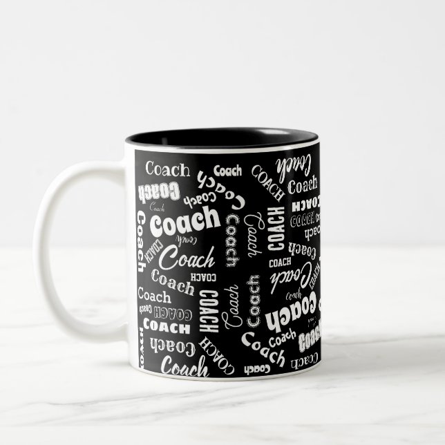 Black and White Personalised Coach Gift Name Art Two-Tone Coffee Mug (Left)