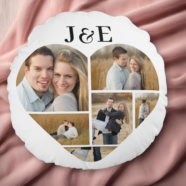Black and White Personalised Heart Photo Collage  Round Cushion (Personalized Heart Collage round throw pillow)