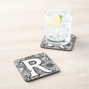 Black and White Personalised Ink Tattoo Flowers Coaster
