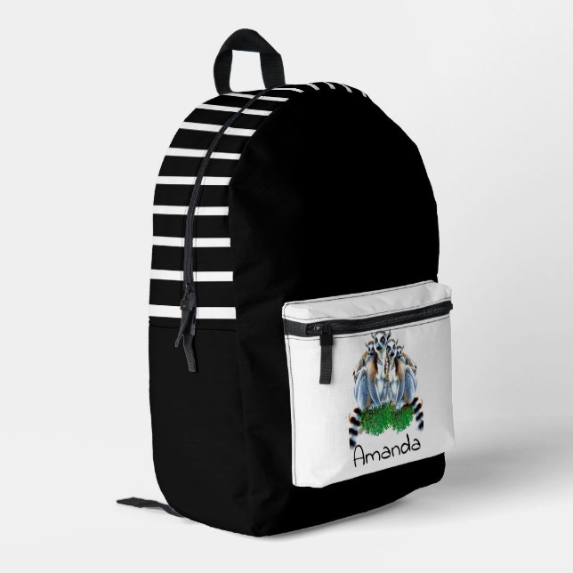 Black and White Personalised Lemurs  Backpack Bag  (Back Corner Left)