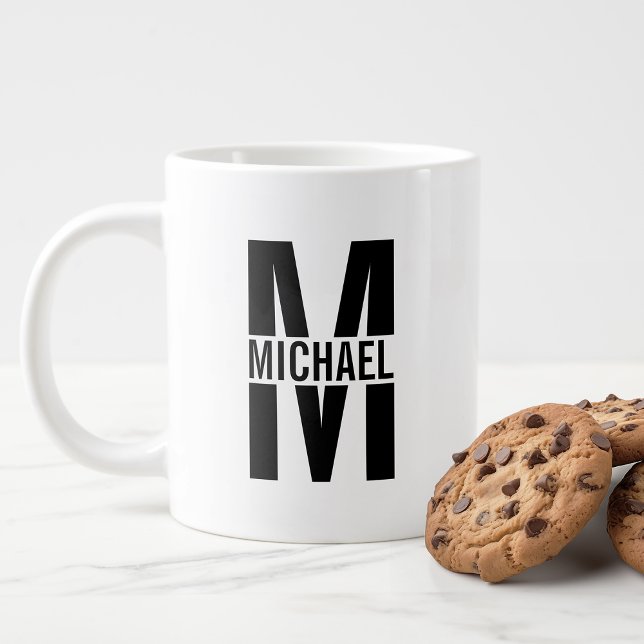 Black and White Personalised Monogram and Name Gia Large Coffee Mug (Creator Uploaded)