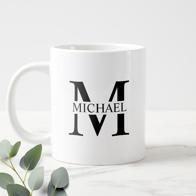 Black and White Personalised Monogram and Name Large Coffee Mug (Creator Uploaded)