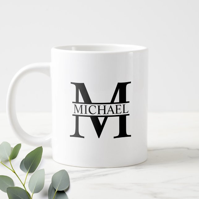 Black and White Personalised Monogram and Name Large Coffee Mug (Creator Uploaded)