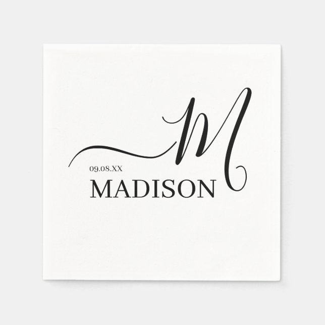 Black and White Personalised Monogram and Name Napkin (Front)