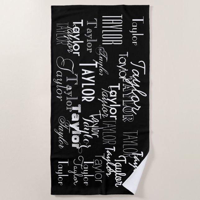 Black and White Personalised Name Beach Towel (Front)