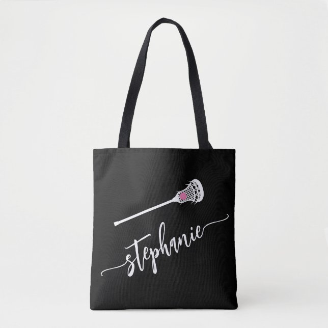 Black and White Personalised Name LAX Lacrosse Tot Tote Bag (Front)