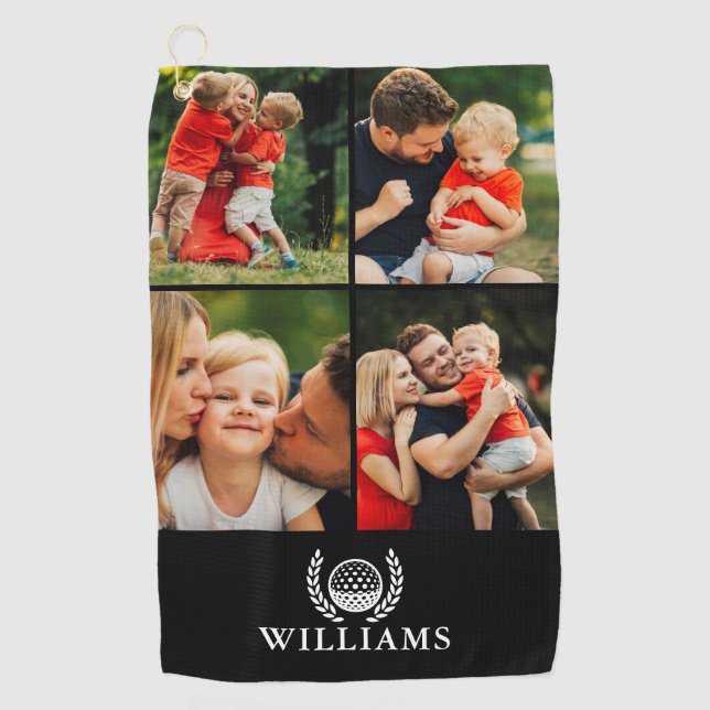 Black And White Personalised Name Monogram 4 Photo Golf Towel (Front)