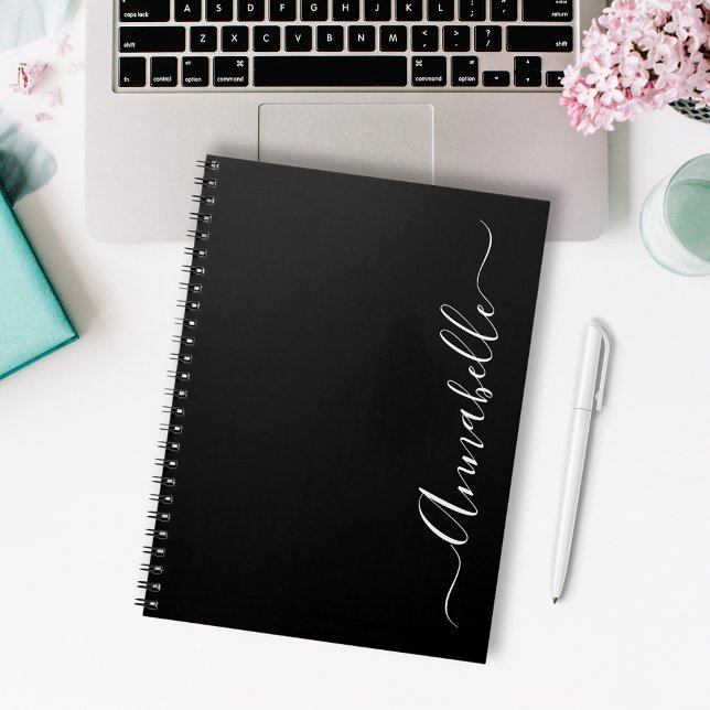 Black and white Personalised Name Notebook (Modern black personalized notebook.  Customize with your first name in elegant script typography)