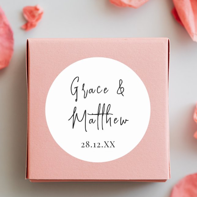 Black and White Personalised Names Wedding Favour Classic Round Sticker (Creator Uploaded)